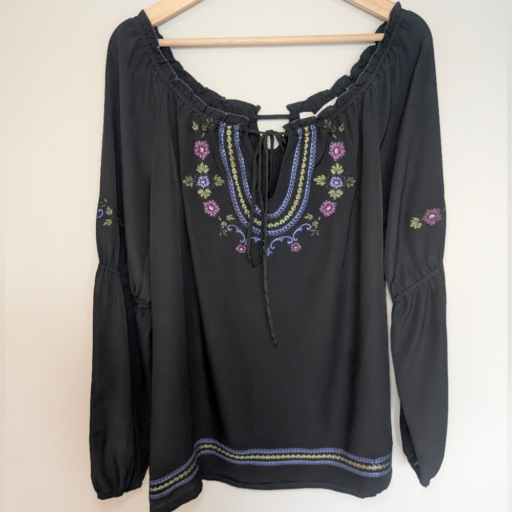 Cache Black Embroidered Peasant Blouse with Purple & Blue Floral Accents